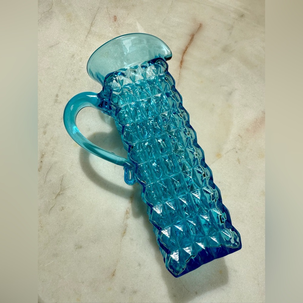 Mid Century Blue Glass Pitcher Vase